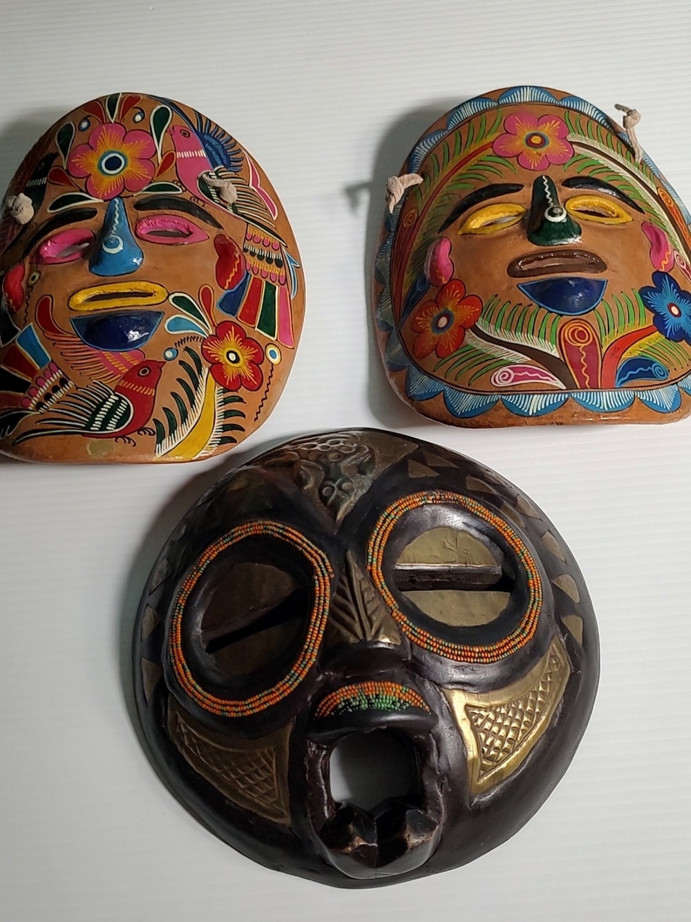 3 Vintage Masks (1) Ghana African Beaded Mask 2-Mexican Painted terracotta Mask